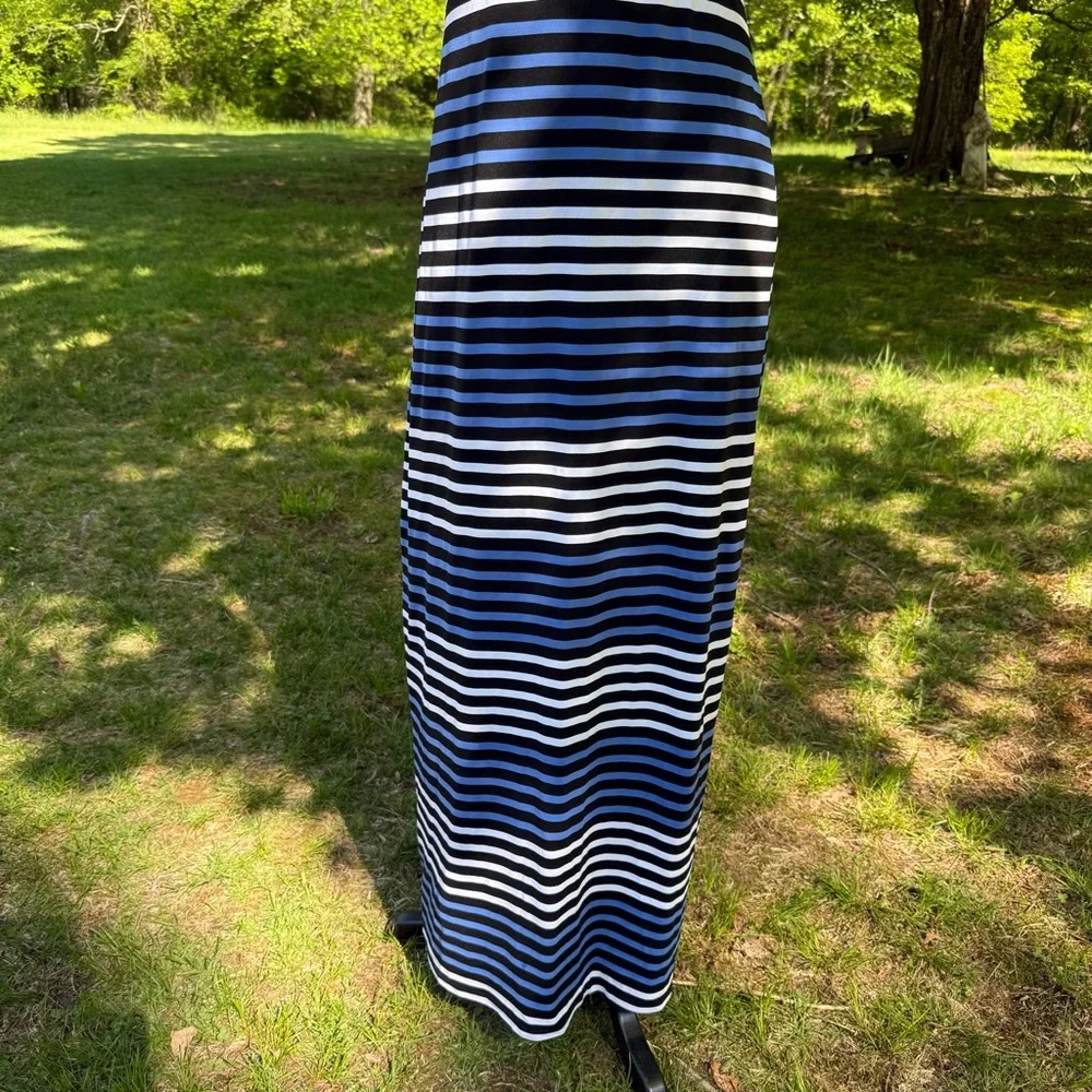 SARA CAMPBELL DRESS MAXI BLACK WHITE BLUE STRIPES SLEEVELESS USA SIZE S
